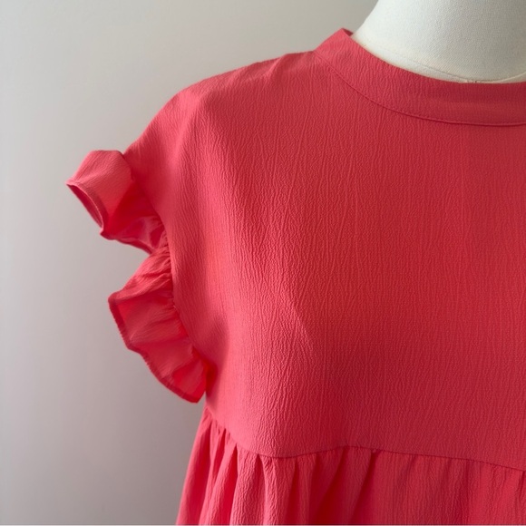 Charming Coral Pink Flutter Sleeve Ruffled Women's Sundress Size Small - Picture 3 of 10